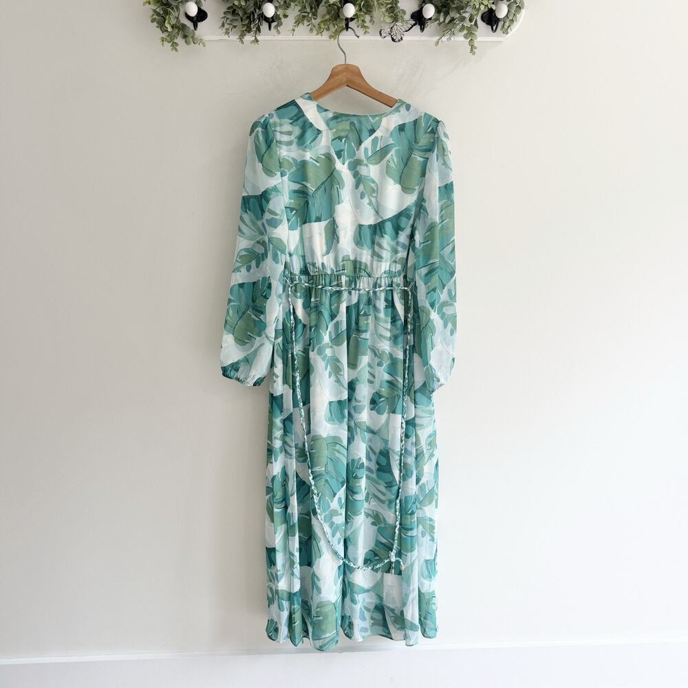 Soft Surroundings Kaia Maxi Dress Palm Print Flowy Faux Wrap Braided Belt LP FF6